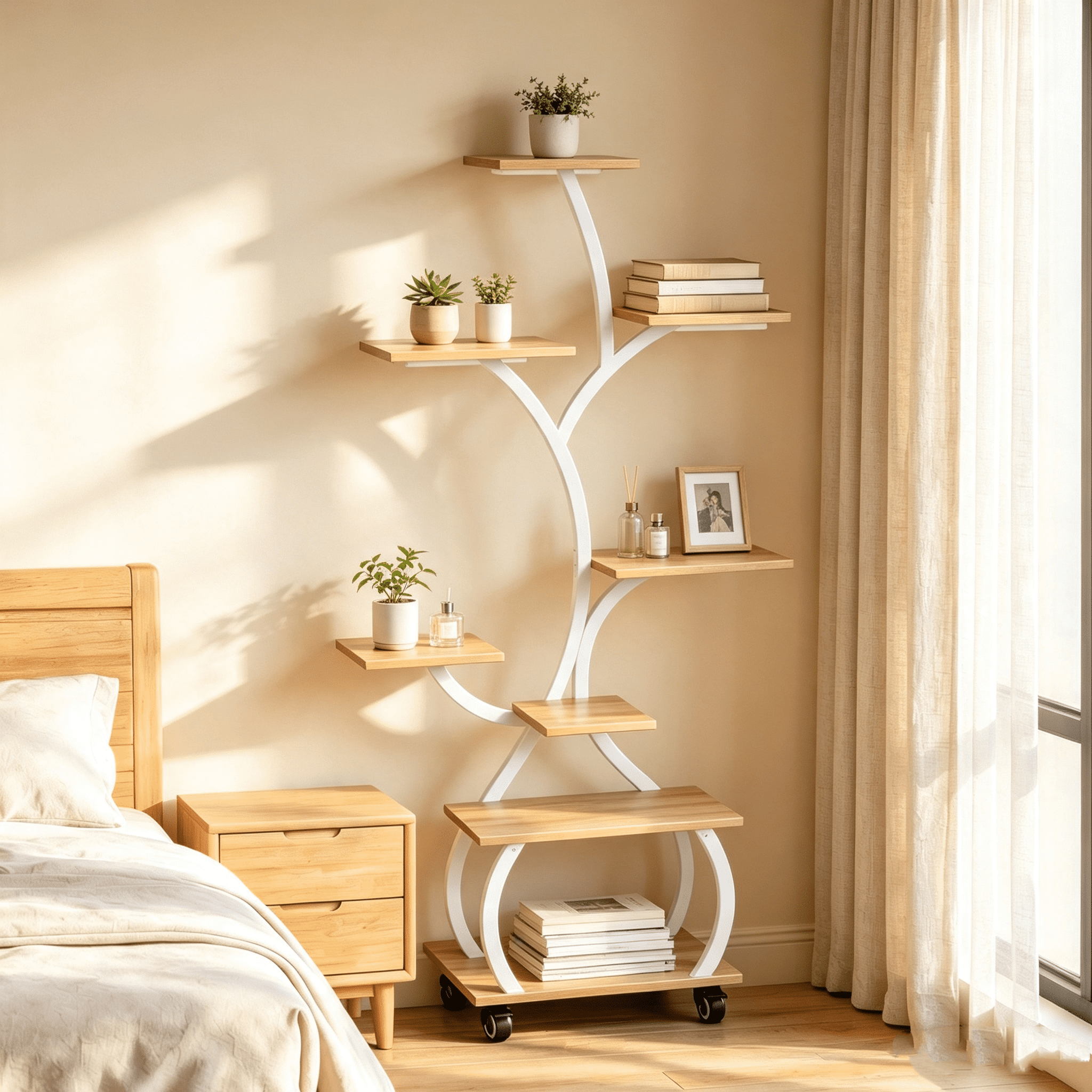 Tree Shaped Plant Stand with Full Spectrum Grow Light, White Metal Frame Plant Shelf with Lockable Wheels, 8-Tier Wooden Display Rack for Indoor Plants, 48x27.6x11.8 Inches