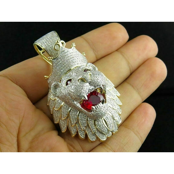 4Ct Red Ruby Lab Created Diamond Men's Lion King Pendant 14k Yellow Gold Plated