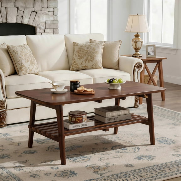 Noble House 47.24" Rectangular Coffee Table with Open Storage Shelf, Foldable Legs, Walnut