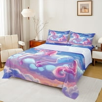 Manfei Lovely Animal Unicorn Twin Sheet Sets,Rainbow Clouds Print Twin Fitted Sheet,Pink Blue White Flat Sheet For Girls,Luxury Bedroom Decor,3 Pieces