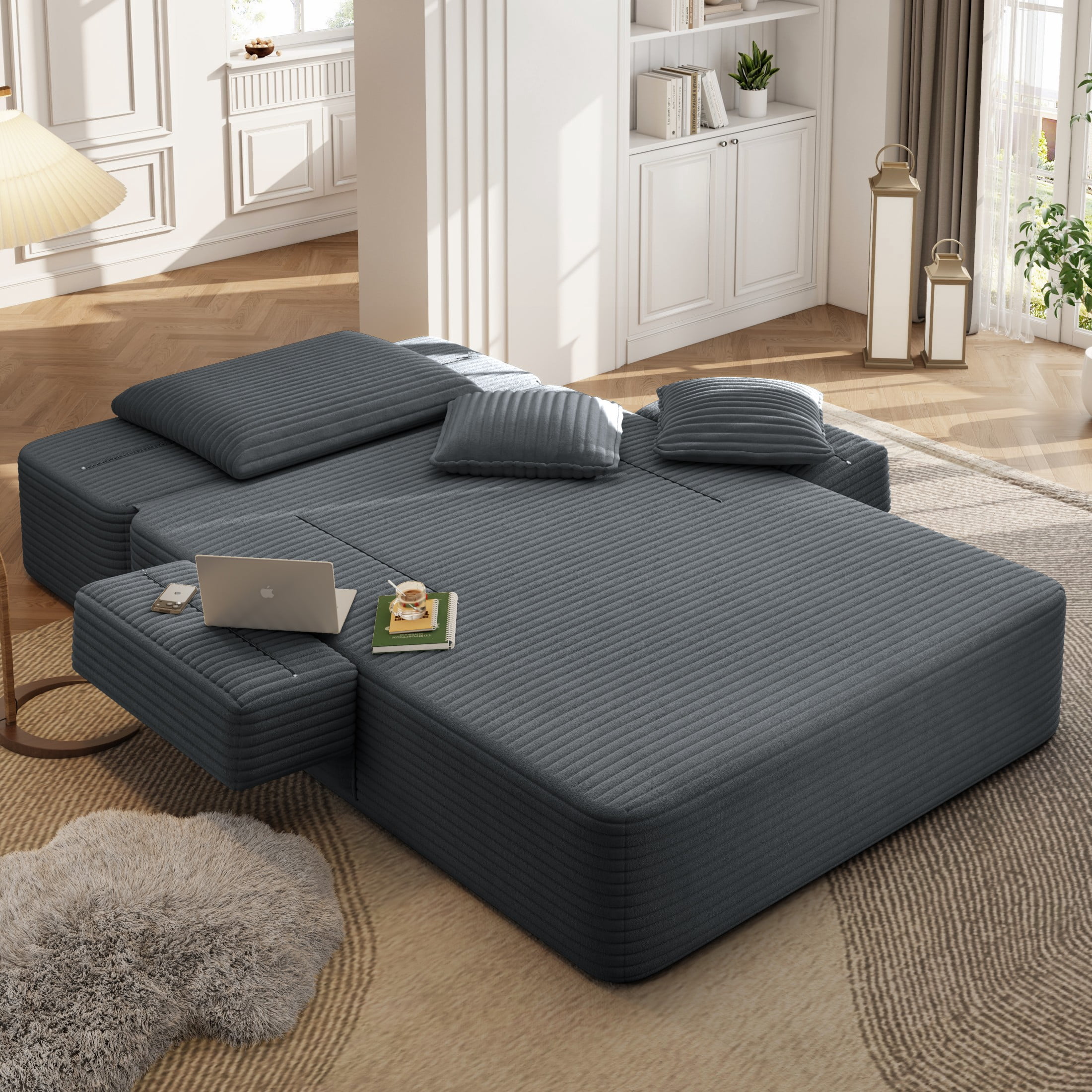 Aukfa Chaise Lounge Chair Indoor, Oversized Corduroy Boneless Sleeper Sofa Bed with Storage Pockets, Adjustable Backrest&3 Pillows, Reading Couch for Living Room Apartment, Dark Gray