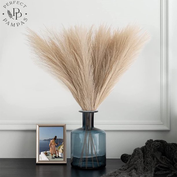 Perfect Faux Pampas Grass Beige, 8 Stems, 18 Inches Tall, Vase Filler