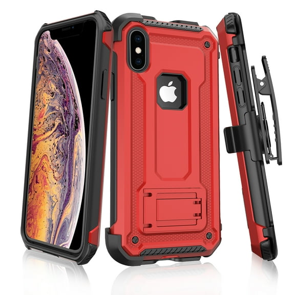 TJS Apple iPhone Xs MAX 2018 Case, 360° Belt Clip Holster Dual Layer Hybrid Shock Absorbing Resist Kickstand Armor Phone Case Cover (Red)