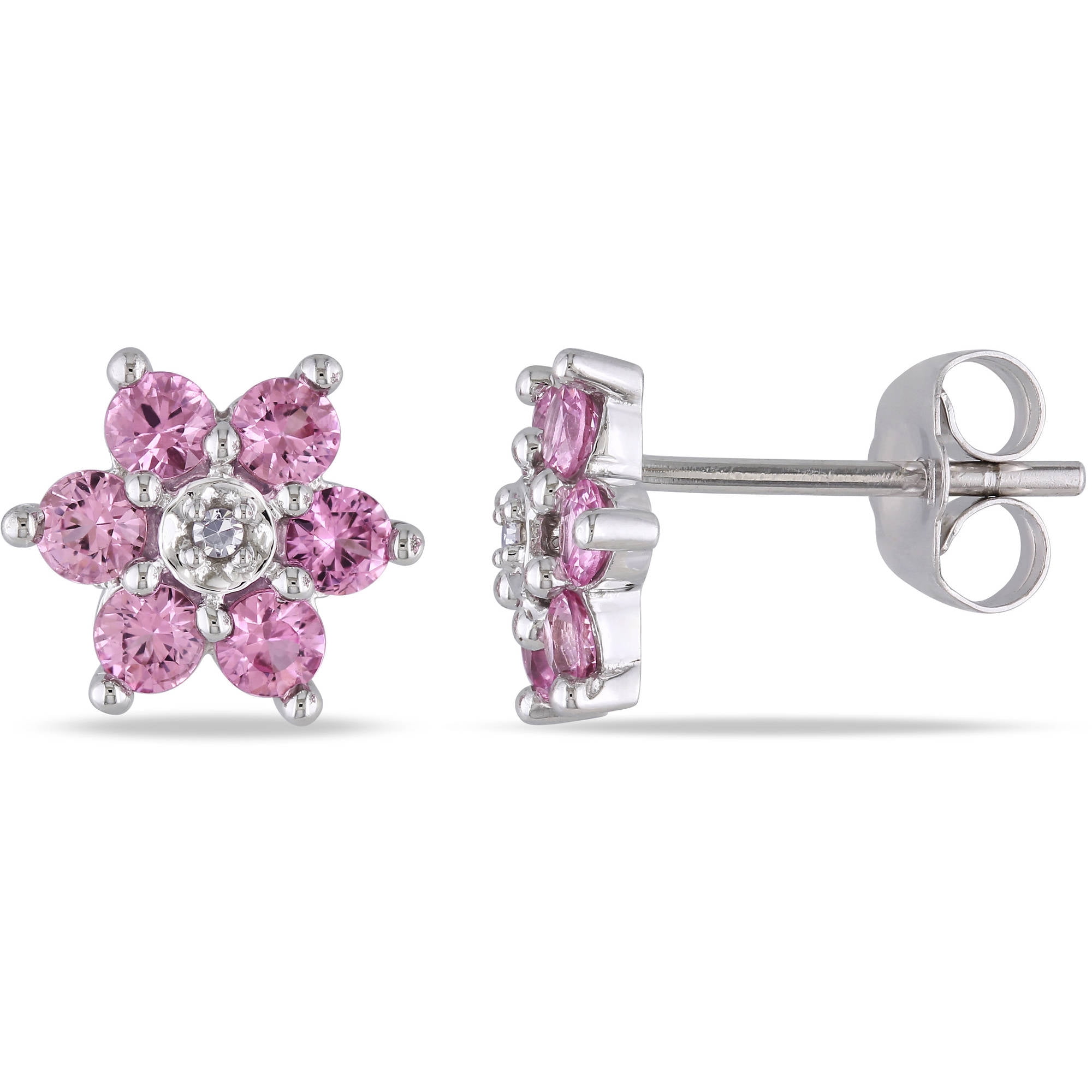 1 Carat T.G.W. Pink Sapphire and Diamond Accent 10kt White Gold Flower Stud Earrings by Delmar Manufacturing LLC