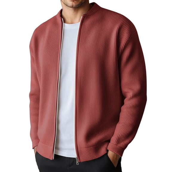 Mens Zip Up Sweater Jacket Light Slim Fit Knit Stand Collar Ribbed Jackets Color Brick Red Size M