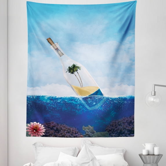 Underwater Tapestry, Palm Trees in a Bottle Floating on Sea Surface Mystery Nautical, Fabric Wall Hanging Decor for Bedroom Living Room Dorm, 5 Sizes, Night Blue and Sand Brown, by Ambesonne