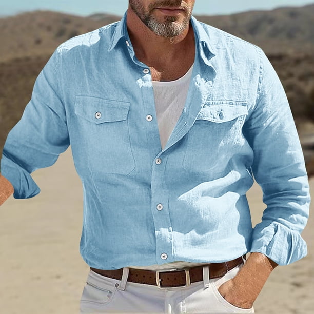 pstuiky manga larga para hombre, Camisa/top de manga larga con solapa de lino y color liso para hombre Tops de talla grande para hombre xxl