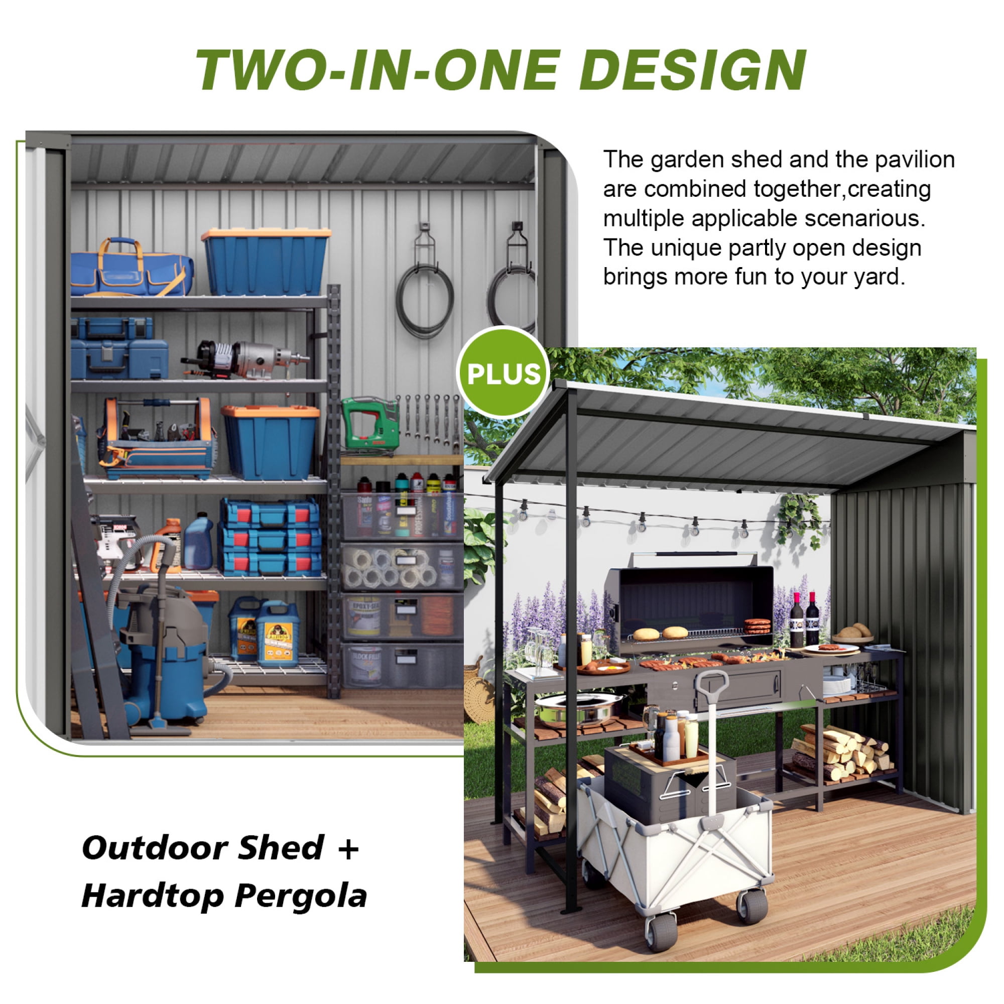 Leumius 12x4Ft Metal Lean to Shed with Open-Sided Pergola, 2-in-1 Sheds & Outdoor Storage tool Shed with Window for Patio Backyard Garden