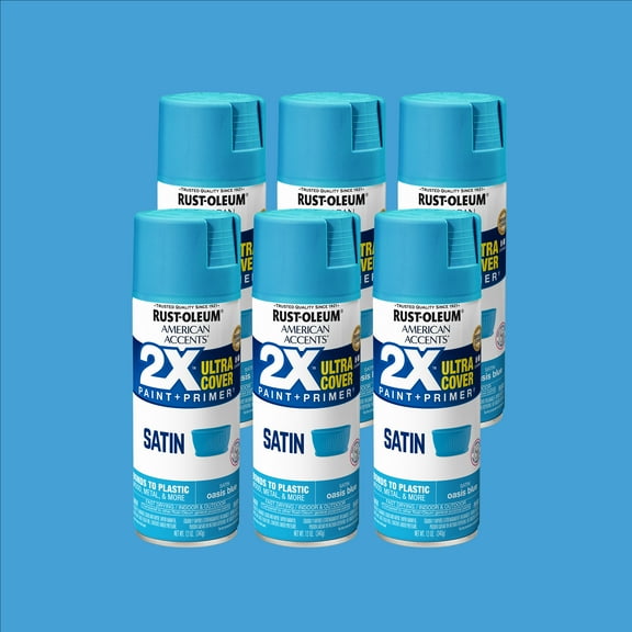 6 Pack, Oasis Blue Rust-Oleum American Accents 2X Ultra Cover Satin Spray Paint-327942, 12 oz