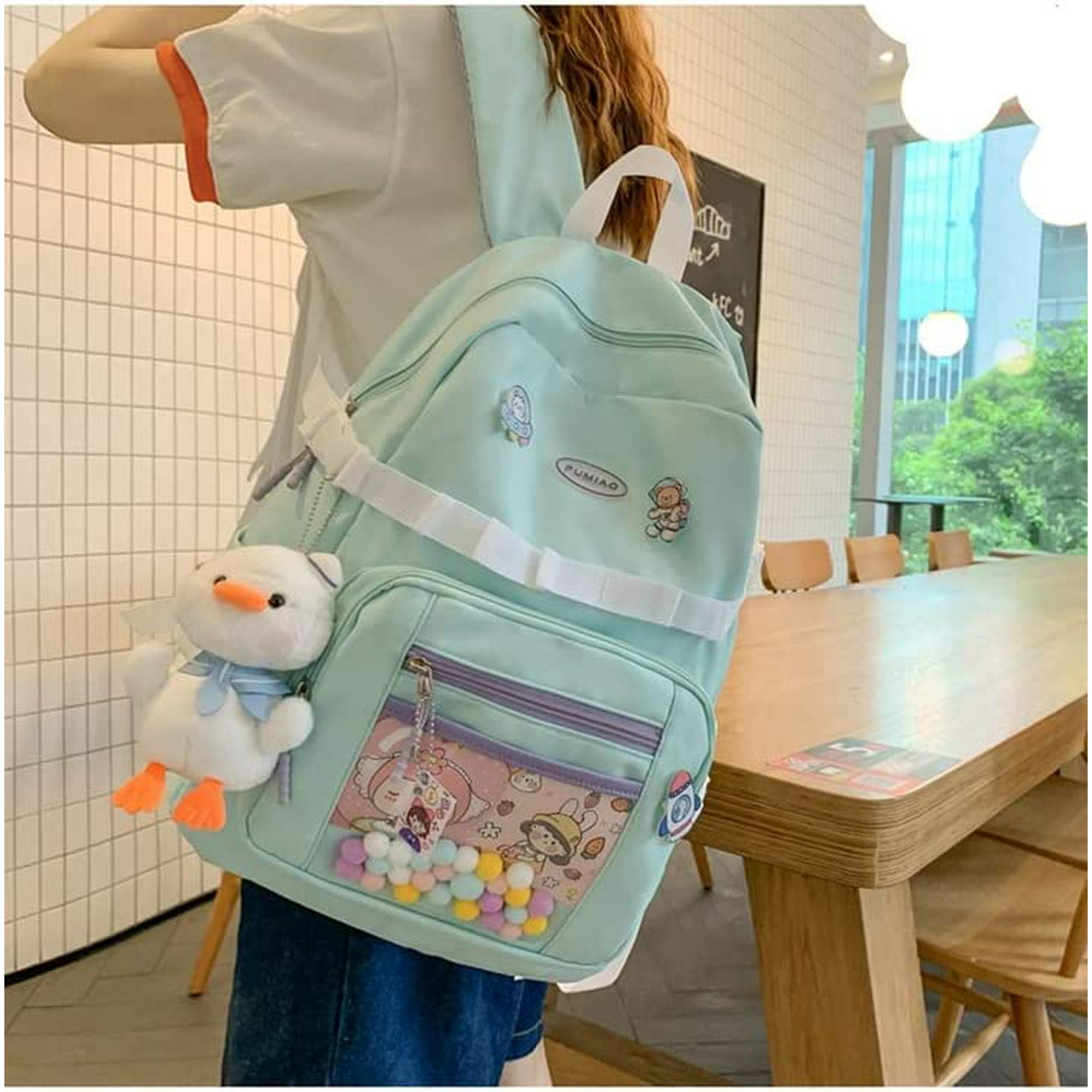 Korean Cute Kawaii Japanese Pastel Aesthetic Backpack for Teen Girl School Student Bag ITA 17 Inch Laptop Backpack Duck Plush C Green with Duck Plush Walmart