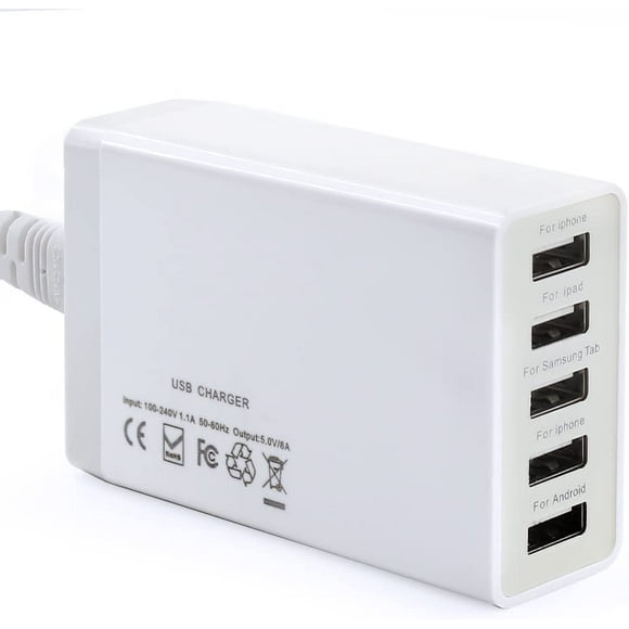 USB Charger 5-Port Desktop USB Charging Station with Multiple Port, 40W 8A Desktop USB Charging Station for Multiple