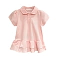 thumbnail image 3 of Girls A Line Ruffle Hem Polo Uniform Dress Short Sleeve Solid Pique Cotton for Kids School Summer Daily Casual Outfit Pink 130, 3 of 5