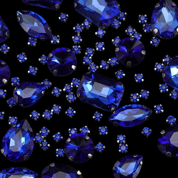 1 Box 156Pcs Blue Sew on Rhinestones Crafting Embellishments Gemstone Glass Sew on Gems Flatback with Iron Prong Settings