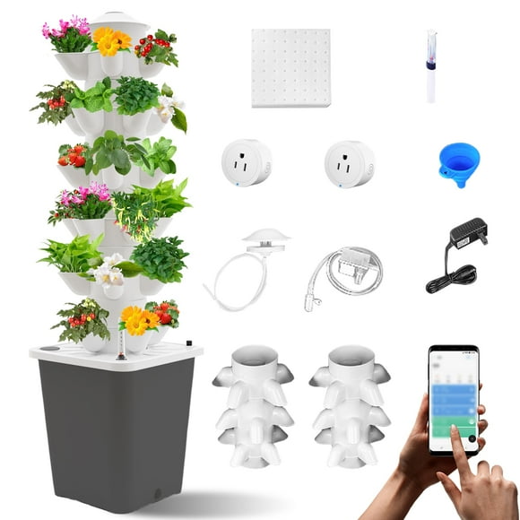 Solaroxy Grey Hydroponics Growing System, Garden Hydroponics Growing System Tower with Smart Plug, Indoor 6 Layers 30 Pots White Planting System