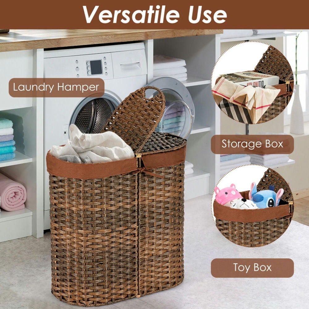 Finihen Laundry Hamper, Laundry Basket, Handwoven Laundry Hamper Basket with 2 Removable Liner Bags, for Bathroom, laundry Room, Brown Finihen Laundry Hamper, Laundry Basket, Handwoven Laundry Hamper Basket with 2 Removable Liner Bags, for Bathroom, laundry Room, Brown