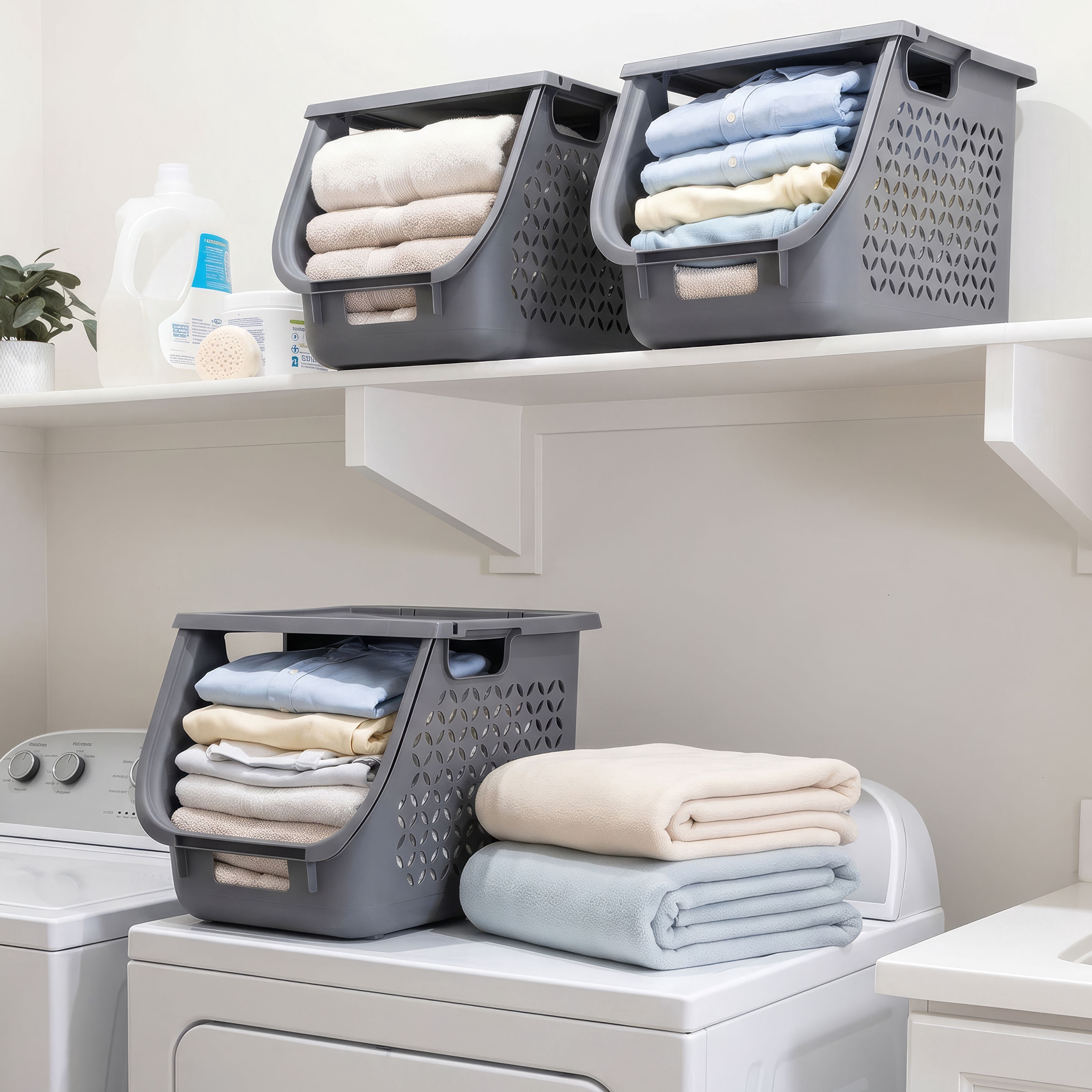 IRIS,1.33bu Stacking Laundry Basket Gray 3PK  - 47 Liter