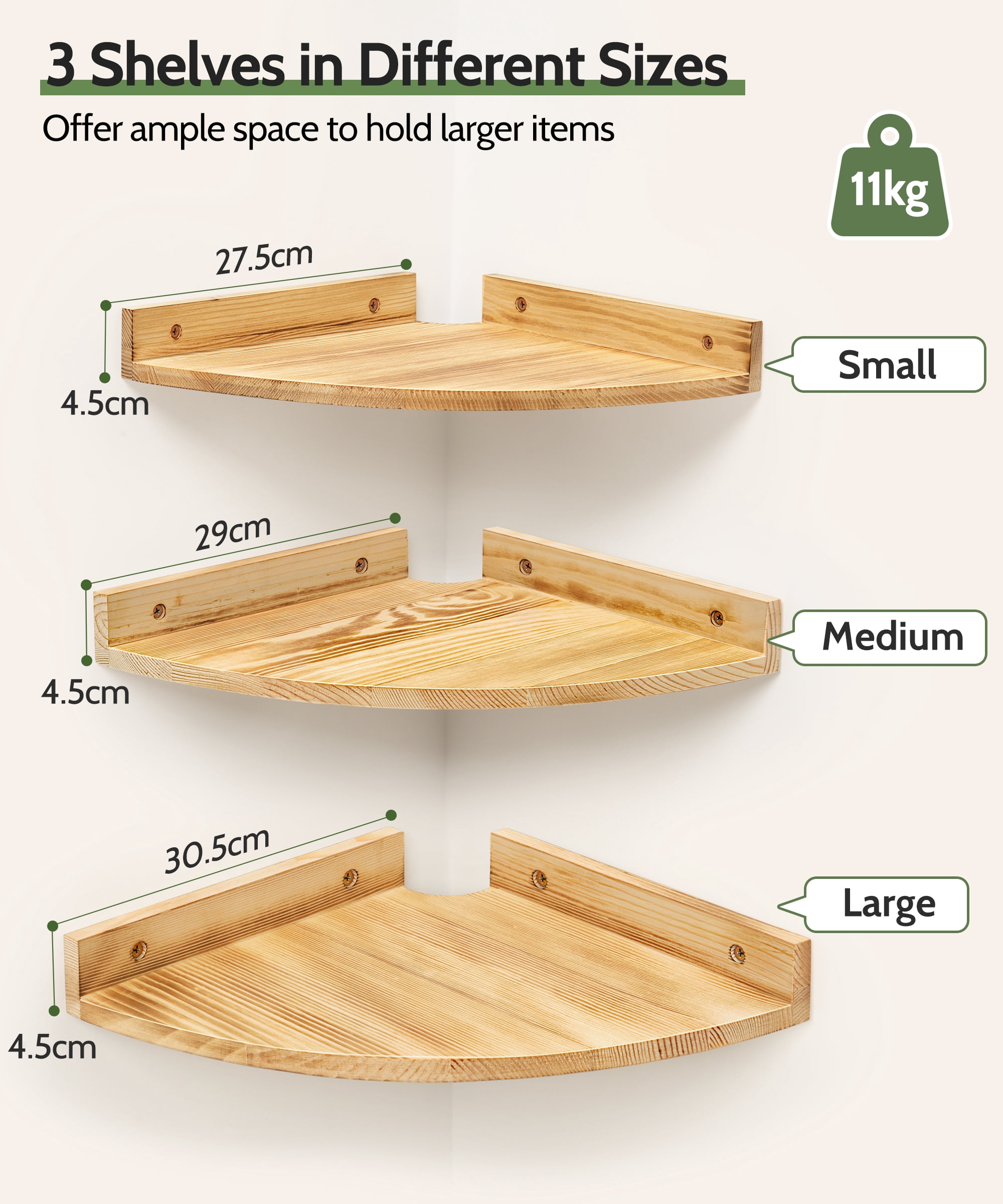 Afuly Floating Corner Shelf for Wall, Large Corner Shelves Solid Pine Wood Wall Mounted Corner Shelf With Cord Hole, 3 Set (10.8In/11.4In/12In)
