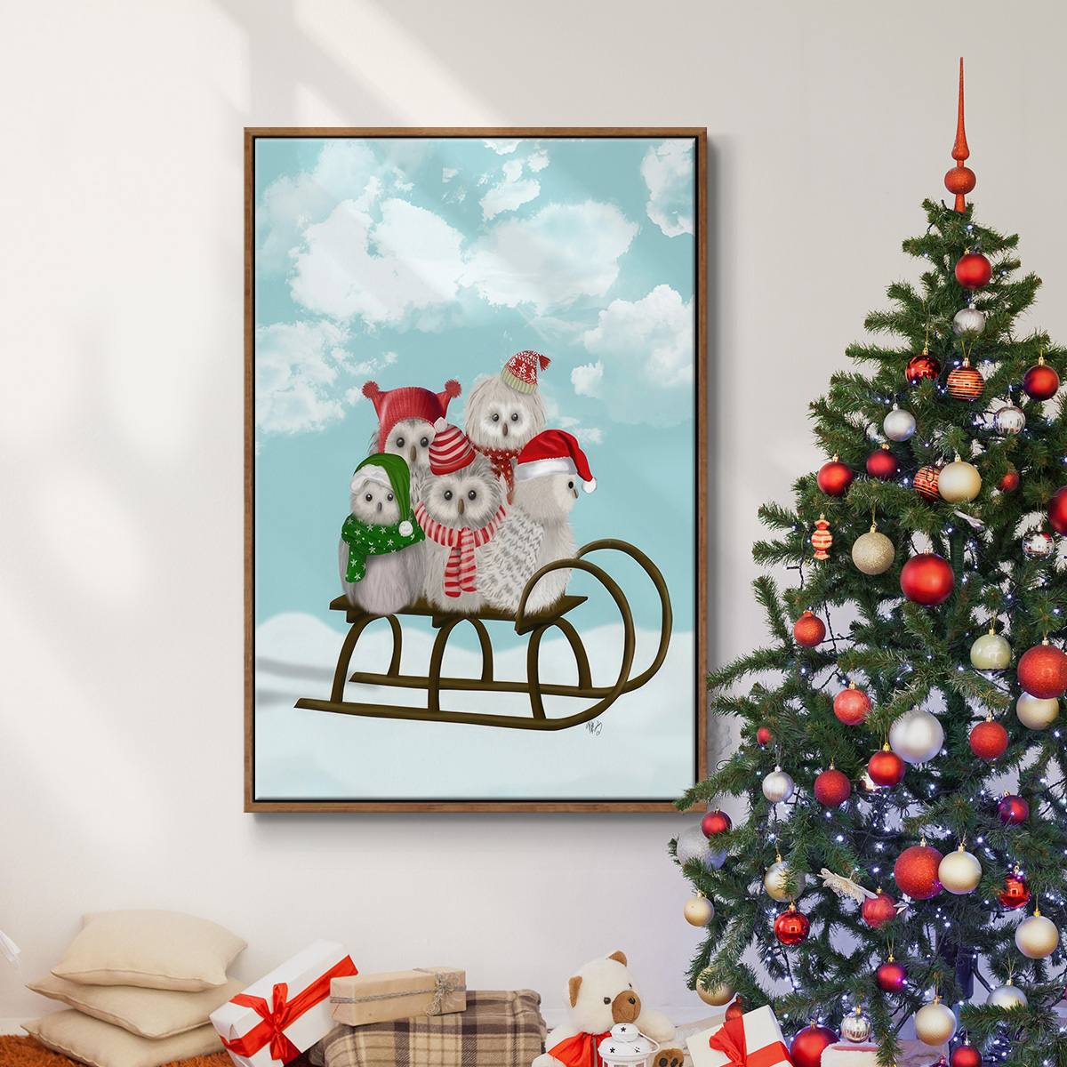 Christmas Christmas Owl Sled - Framed Gallery Wrapped Holiday Canvas - 27 x 41 - Rosewood Frame
