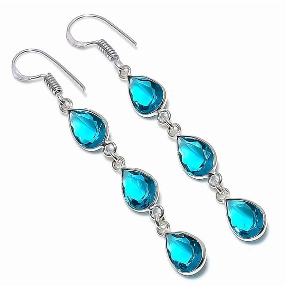 Natural Swiss Blue Topaz Gemstone 925 Sterling Silver Jewelry Earring 2.44"
