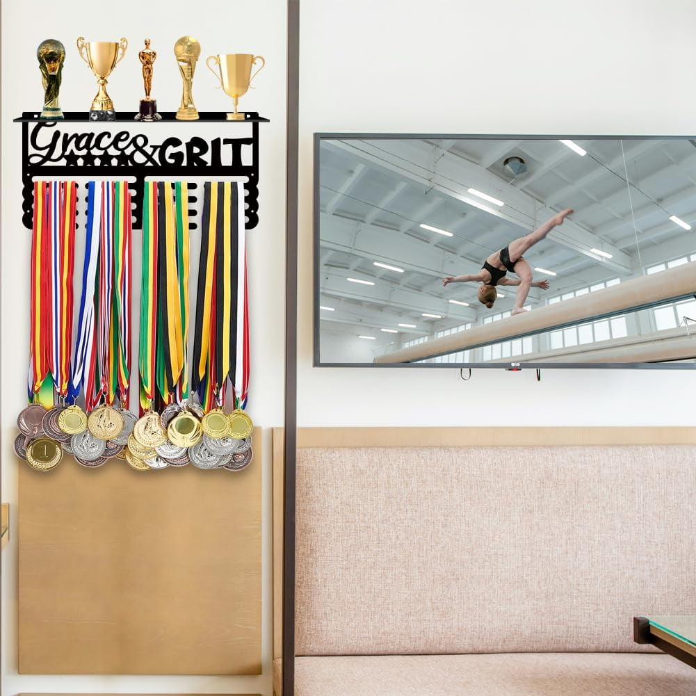 Medal Holder Display Hanger Grace & Grit Metal Medal Hooks Medal Hanger Display Rack Frame Ribbon Holder Wall Mounted Competition Awards Holder Hanging for 60 Sports Medals Athletes GiftBlack
