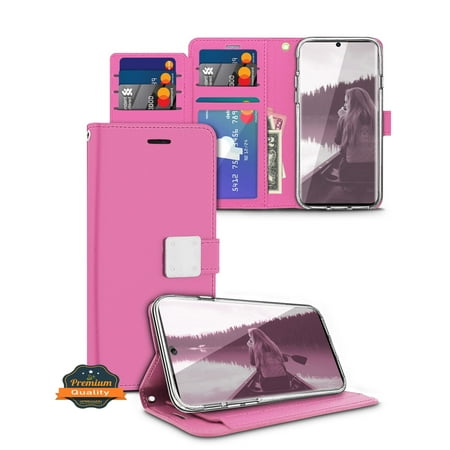 For Nokia C200 Luxurious PU leather Wallet 6 Card Slots folio with Wrist Strap & Kickstand Pouch Flip Shockproof Phone Case Cover by Xpression - Pink
