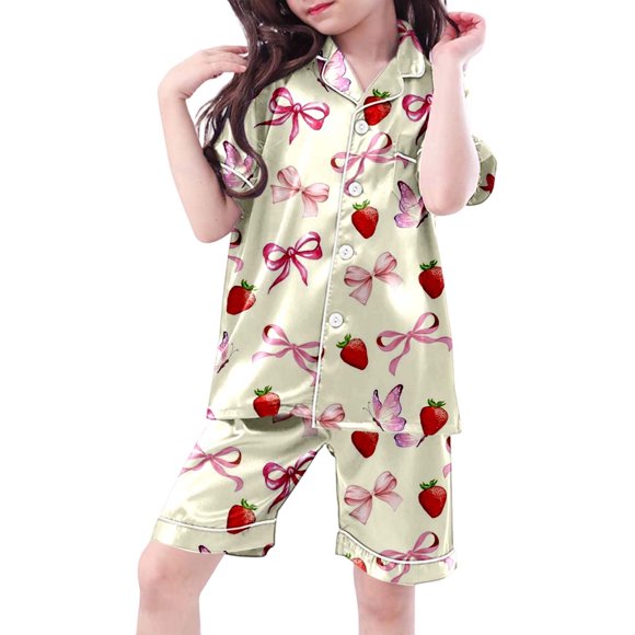 Ensemble de Pyjama Deux Pièces pour Filles avec Haut à Manches Courtes Imprimé Cerise et Vêtements de Nuit Confortables pour une Tenue de Détente Douce et Respirante
