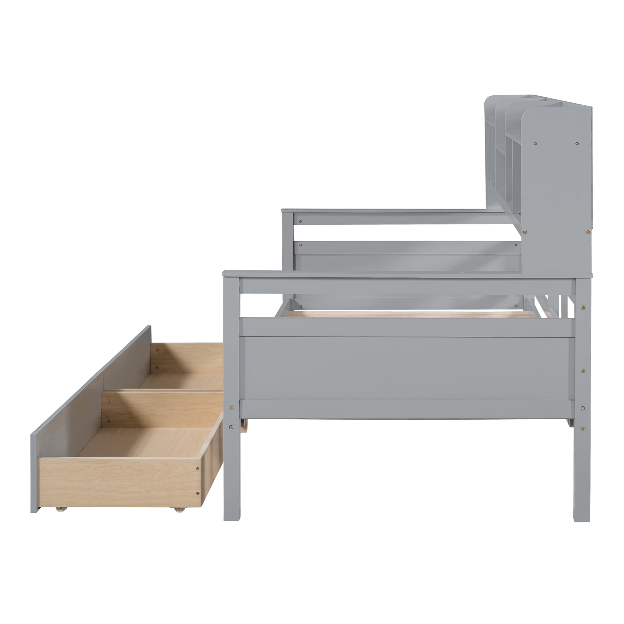 Euroco Wood Twin Size Platform Bed with 2 Drawers, Captain Bed with Storage Shelves, Gray