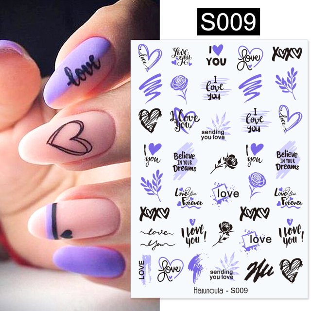Harunouta corazón púrpura amor diseño 3D pegatina para uñas letras pegatinas cara patrón trasnfer deslizadores San Valentín decoración de uñas Tan Jianjun unisex