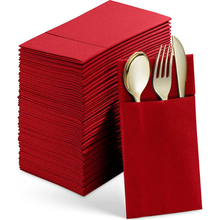 BloominGoods Colored Paper Disposable Dinner Napkins with Flatware Pocket,  Red 50-Pack