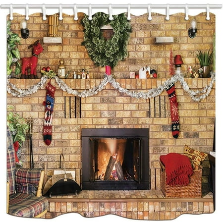 Mantle Decor For Christmas ARTJIA Xmas Decor Cozy Fire in Brick Fireplace and Mantle Decorated for Christmas Polyester Fabric Bathroom Shower Curtain 66x72 inches ()