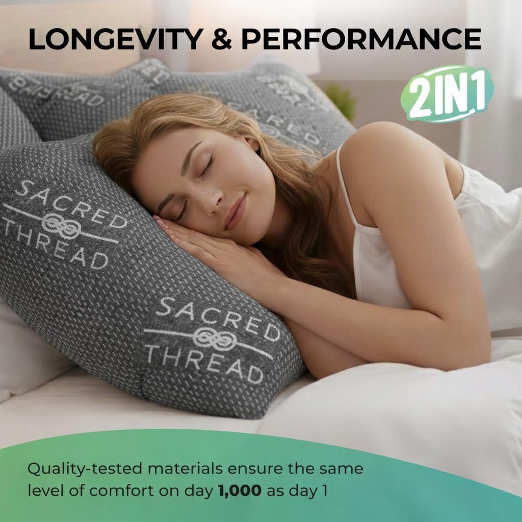 Sacred Thread Rayon Derived from Bamboo Cooling Pillow Filled with 100% Shredded Memory Foam. Adjustable Firmness. Rayon Derived from Bamboo Pillow (Grey) (2 Pack) (Queen)