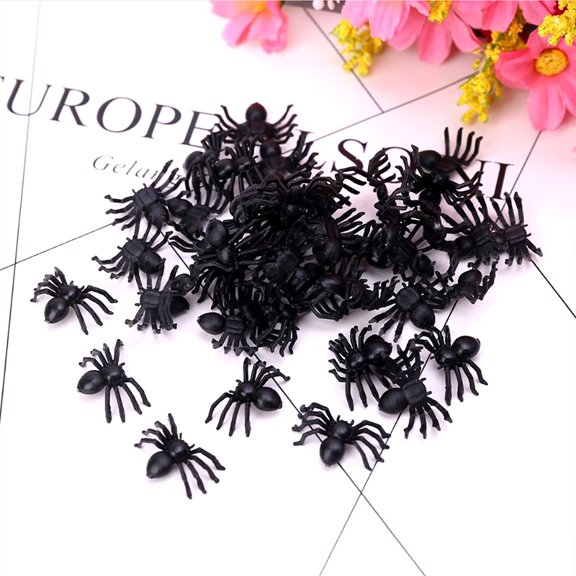 QLUEWX 50 Pack Mini Fake Spiders Halloween Decorations, Small Realistic Black Plastic Spiders Prank Props, Tiny Spider Table Scatter Fillers for Indoor Outdoor Halloween Party Haunted House Decor