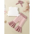 thumbnail image 3 of Arvbitana Baby Girls Summer Clothes Sleeveless Solid Color Crop Tank Tops + Plaid Patchwork Flare Pants + Headband 6M 12M 18M 24M Infant Toddler Casual 3Pcs Outfits, 3 of 10