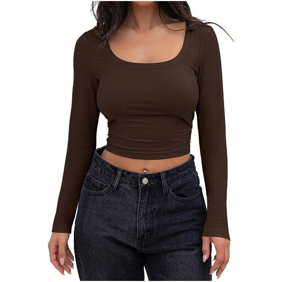 Timegard Crop Tops for Women Ribbed Scoop Neck Long Sleeve Slim Comfy Tee Casual Tops Bottom Blouse Fall