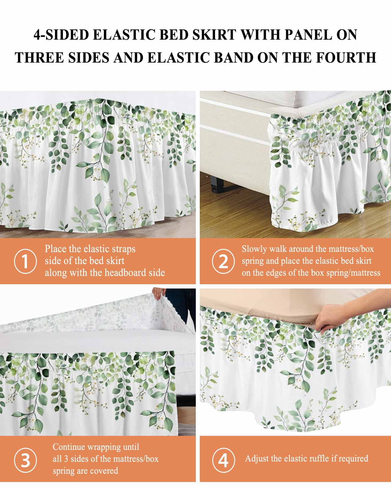 Eucalyptus Leaf Bed Skirt Country Green Plant Farmhouse Bed Skirts Queen Size 18 Inch Drop, Wrap Around Dust Ruffle&nbsp;Bedskirt with Adjustable Elastic Belt for Queen Size Beds