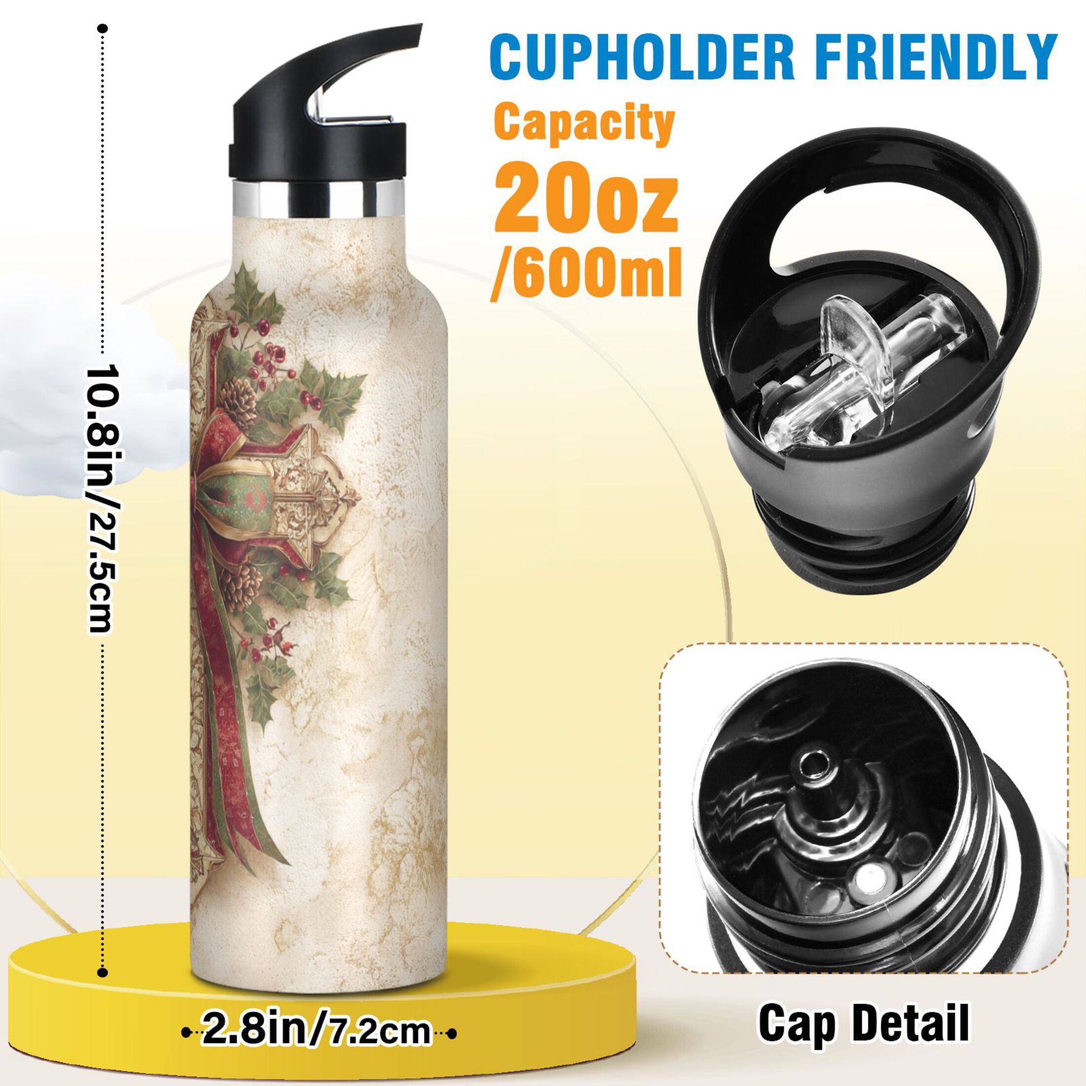 600ML Stainless Steel Insulated Cup Sports Water Bottle Portable Thermos Cup Water Glasses Insulated Tumblers Convenient and Durable Lovely Christmas Cross
