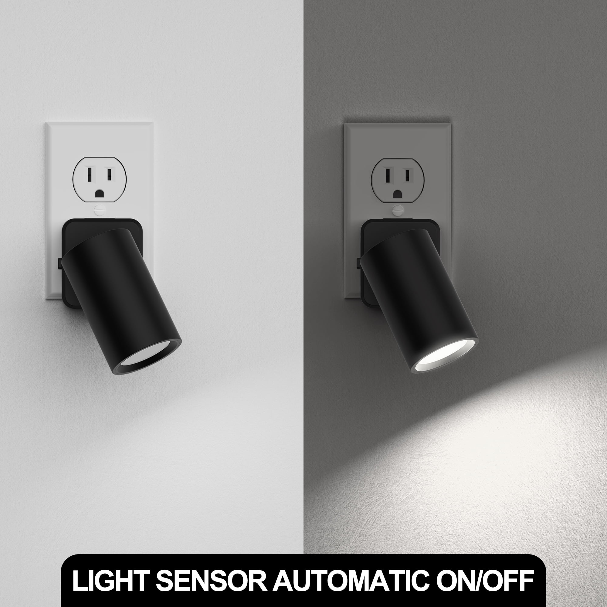 YANSUN 1W Integrated LED Plug-In Night Light, Dusk to Dawn Sensor, Black 5000K White, Rotatable Cylinder, Up & Down Beam for Bedroom Hallway 2-Pack