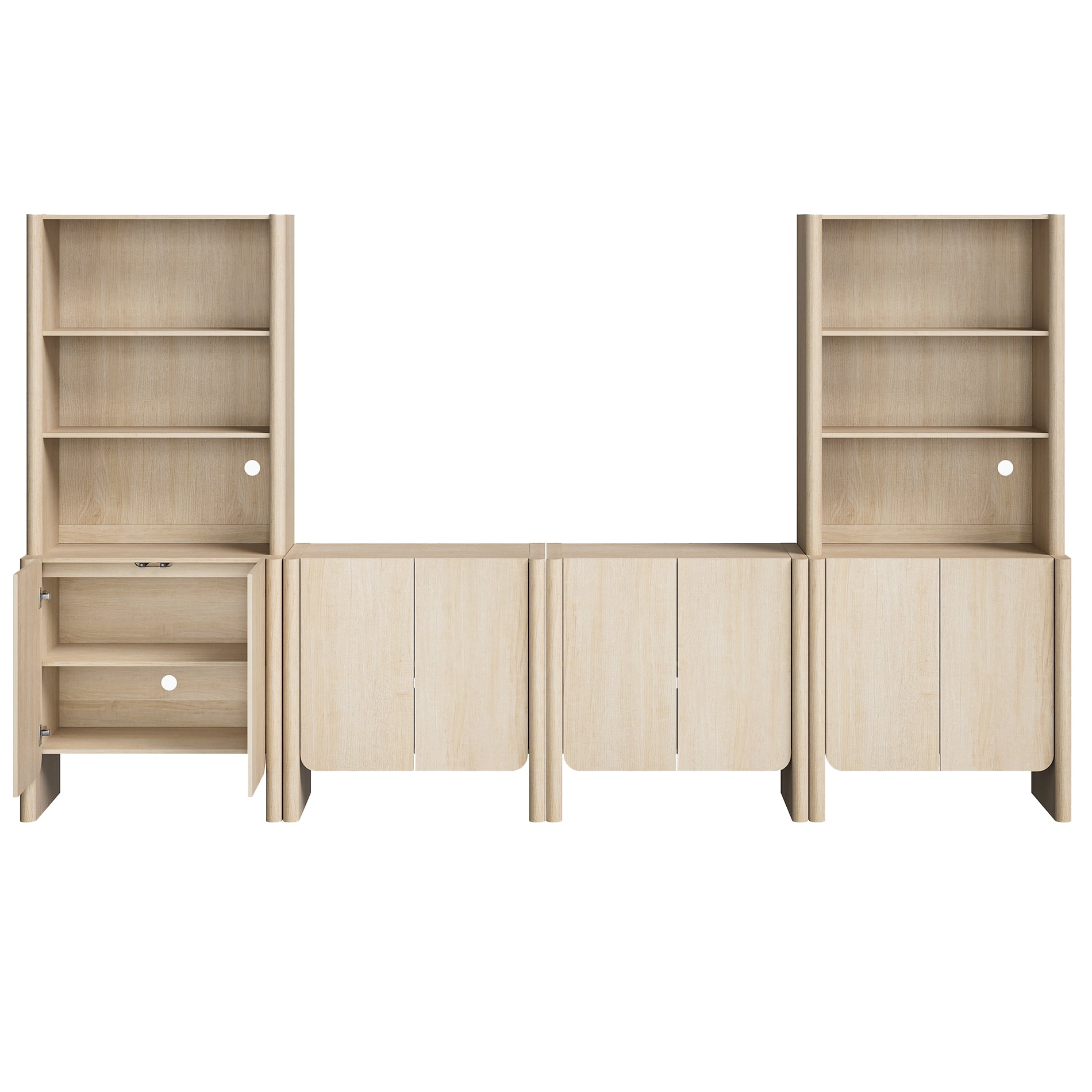 Modern French TV Stand with Bookshelves, 126-Inch Media Console, 4 Doors and Open Shelving, Supports TVs up to 70 Inches, Beige