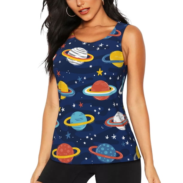 Balery Planets and Stars Camiseta sin mangas estampada ligera para mujer, tops de entrenamiento sin mangas, camisetas de yoga transpirables de secado rápido.-Small