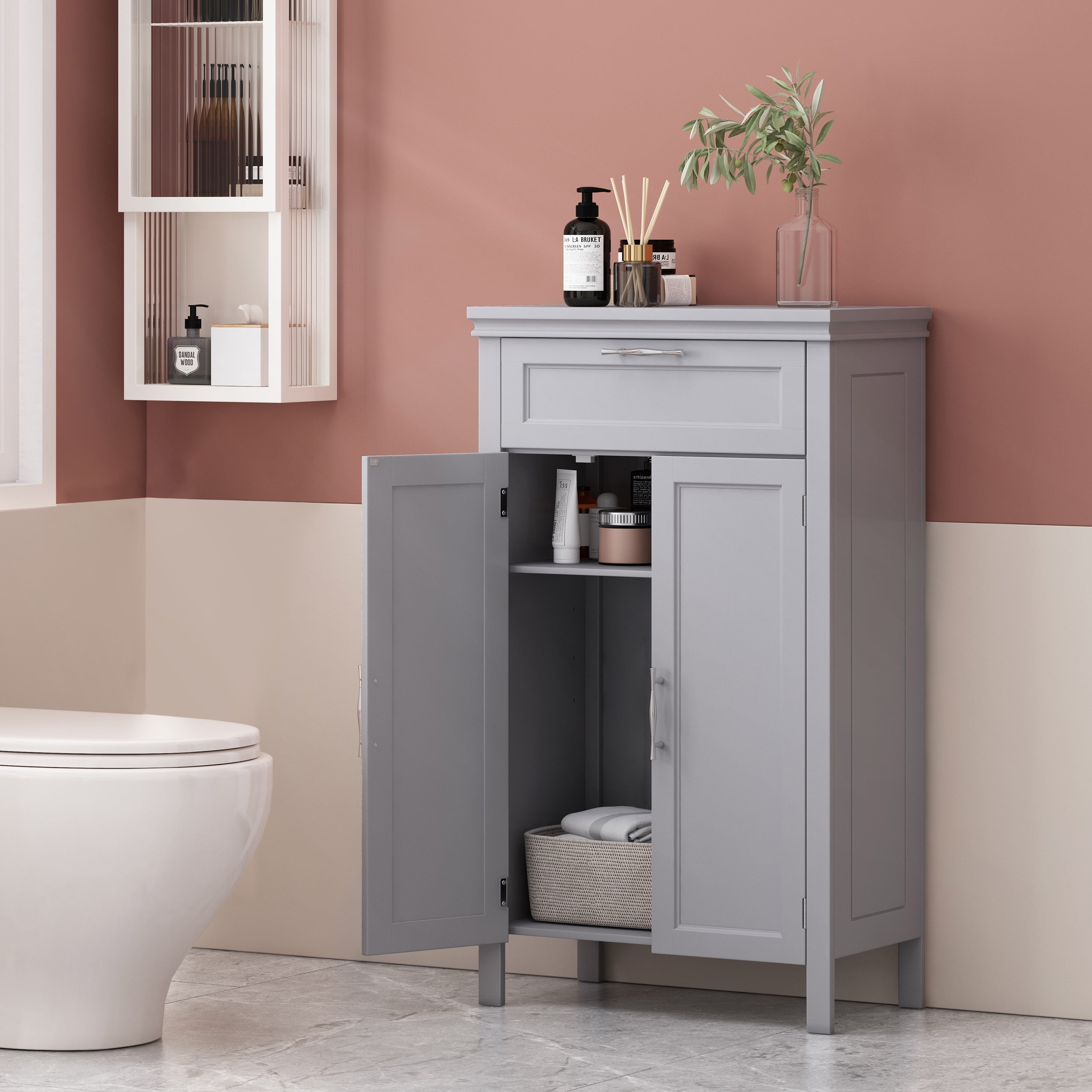 Noble House Tracey 2 Door Bathroom Floor Storage Cabinet with Drawer, Gray