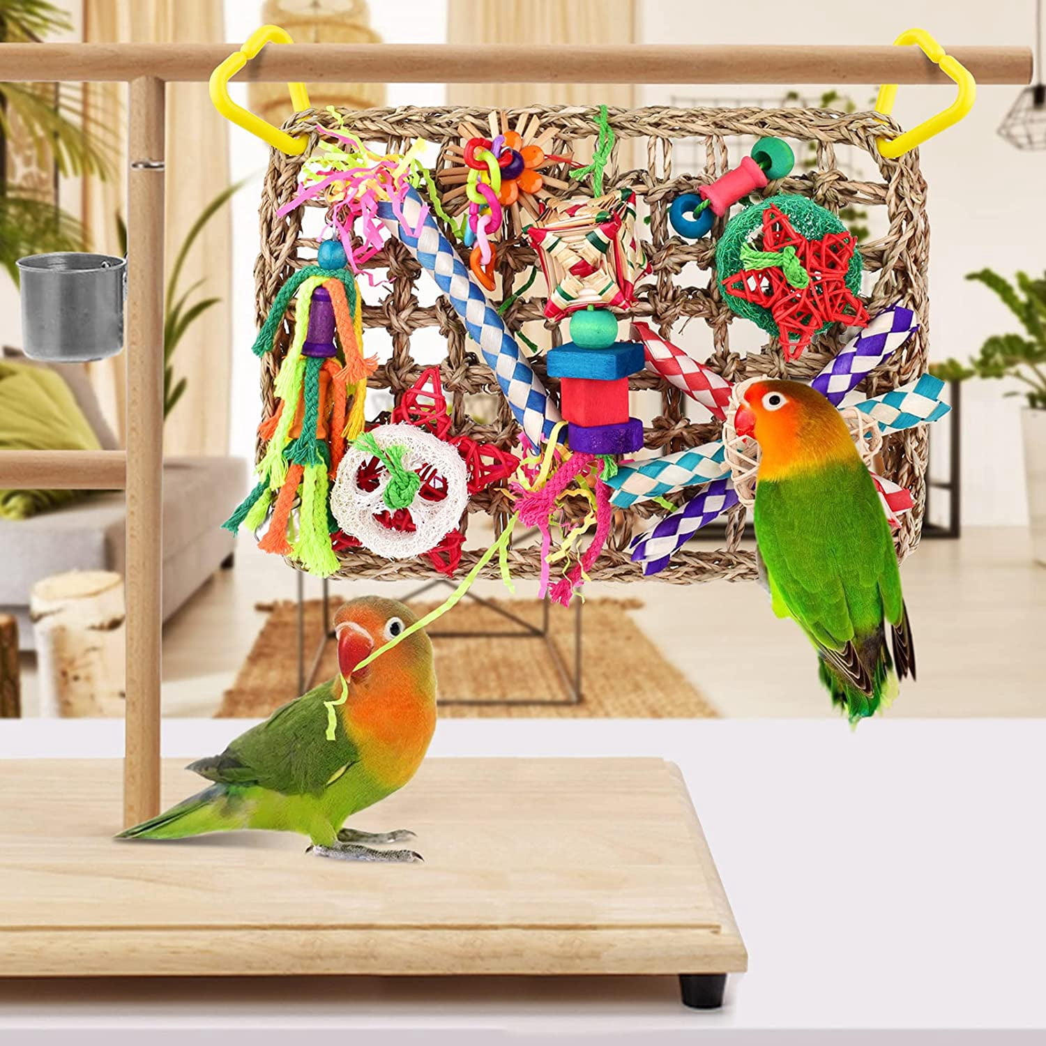 Bird Toys, Bird Foraging Wall Toy, Edible Seagrass Woven Climbing Hammock Mat with Colorful Chewing Toys, Suitable for Lovebirds, Finch, Parakeets, Budgerigars, Conure, Cockatiel