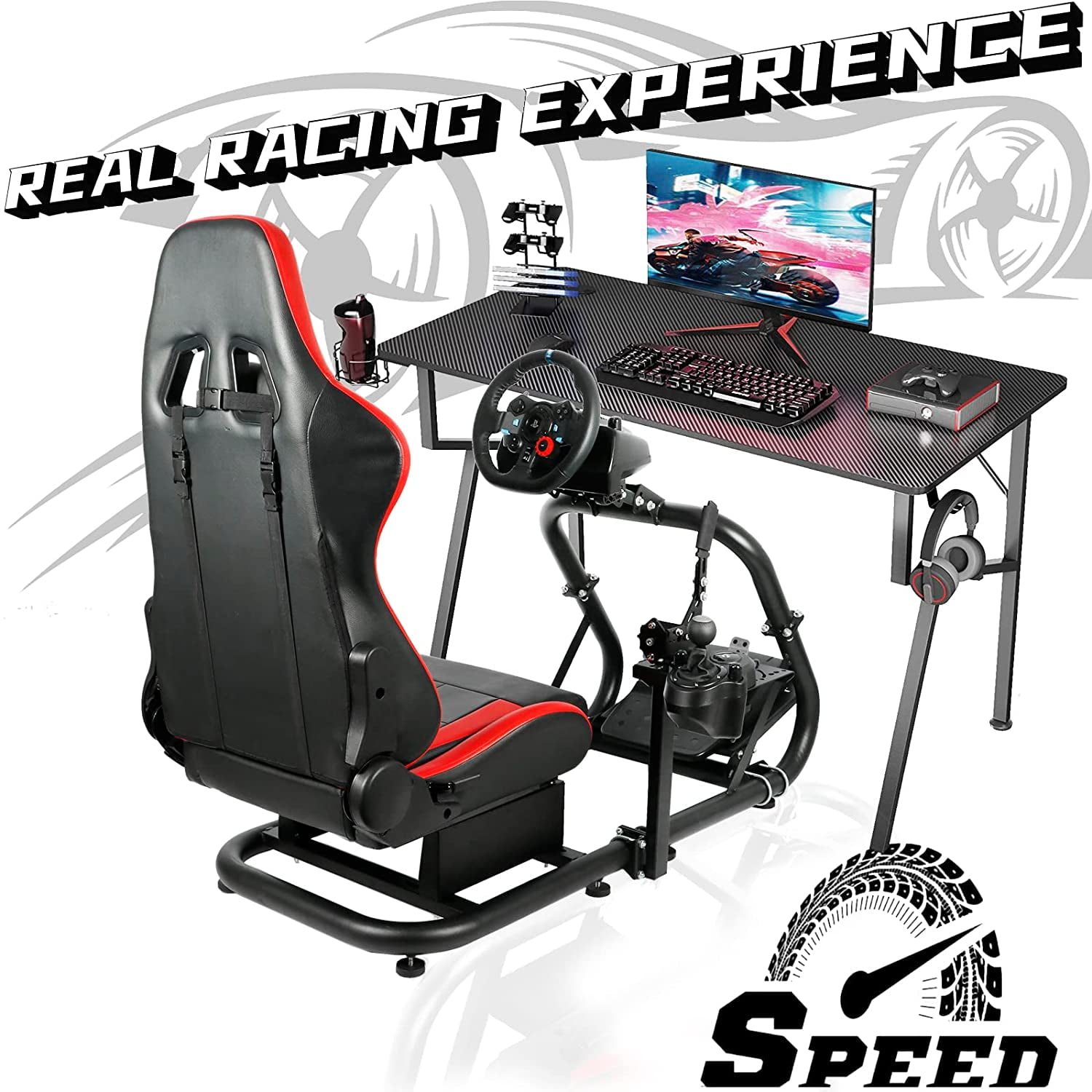 Marada Racing Wheel Stand Driving Simulator Cockpit with Red Seat Fit with Logitech G25 G27 G29 G920 Fanatec Thrustmaster Racing Simulation 並行輸入品