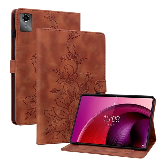 XYX for Lenovo Tab M11 11.0 Inch 2024 TB-330FC TB-331FC Case, PU Leather Slim Folio with Multi-Angle Stand, Brown Lily Flower