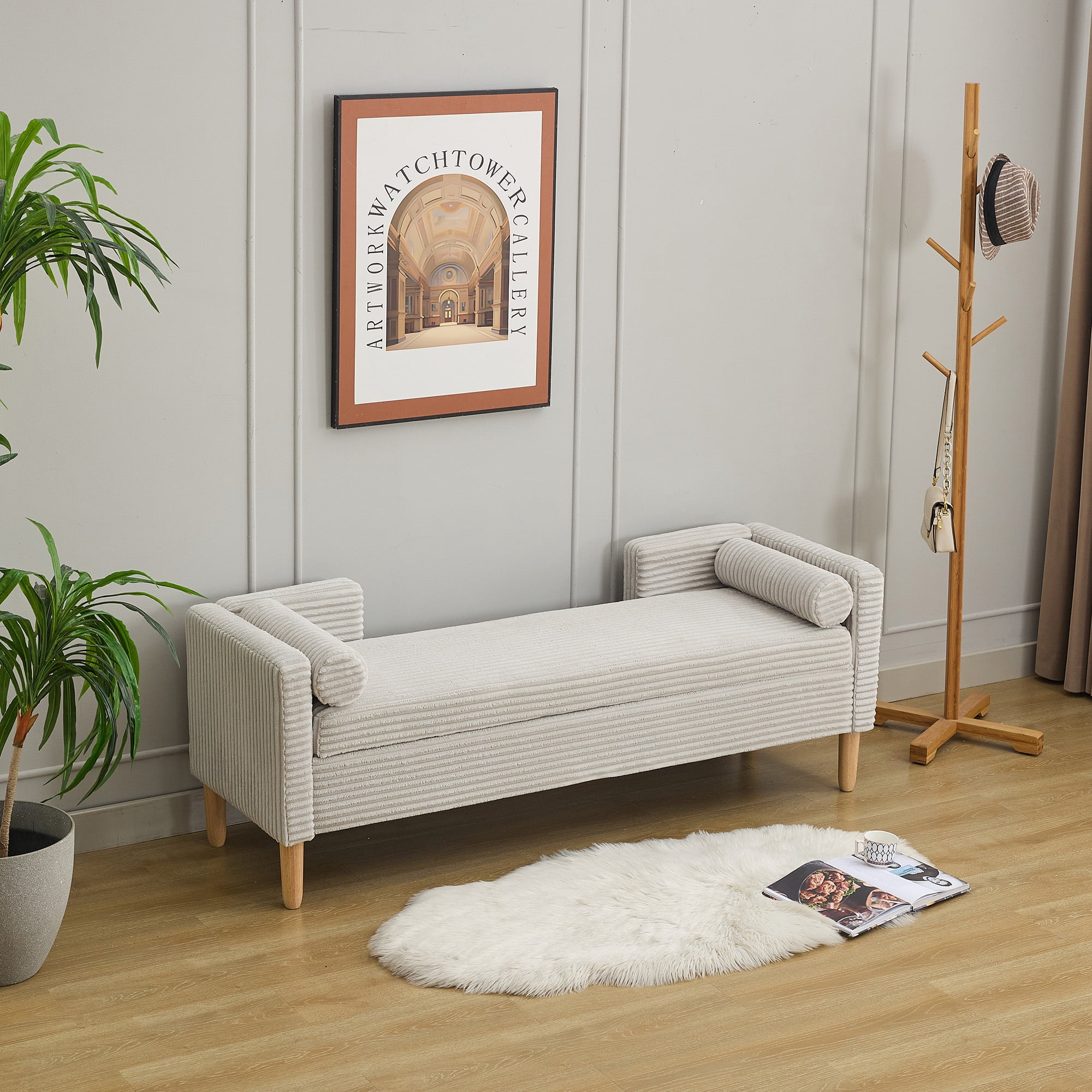 64.7"W Upholstered Corduroy Flip-top Storage End of Bed Bench, Accent Window Footrest with Armrests&Backrest&2 Bolsters Rubberwood Legs for Living Room, Hallway, Entryway Bedroom