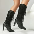 thumbnail image 6 of Black Women Pointed Toe Mid Calf Boots Side Zipper High Heel Tassel Accent For Winter Wear, 6 of 9