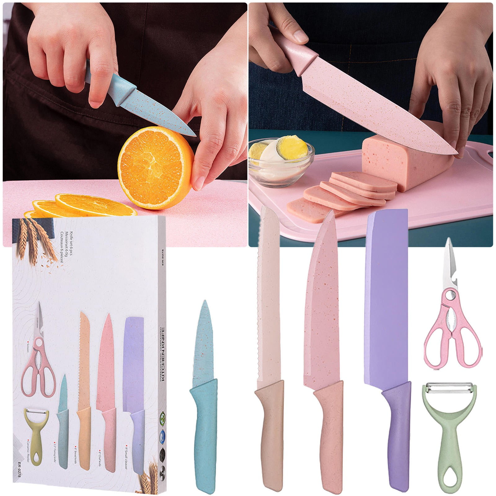 Crcmjuhgsa Kitchen Knife Kitchen Knivess Set Of 6 PCS Cute Fruit Set With Gift Box High Steel Kitchen Set Without Block Wheat Material Handle