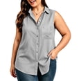 thumbnail image 5 of VBVC Women's Cotton Linen Button Down Shirt , Collared V Neck Sleeveless Blouse For Women , Ladies' Summer Casual Work Tank Tops with Pockets,Gray,S-2XL, 5 of 7