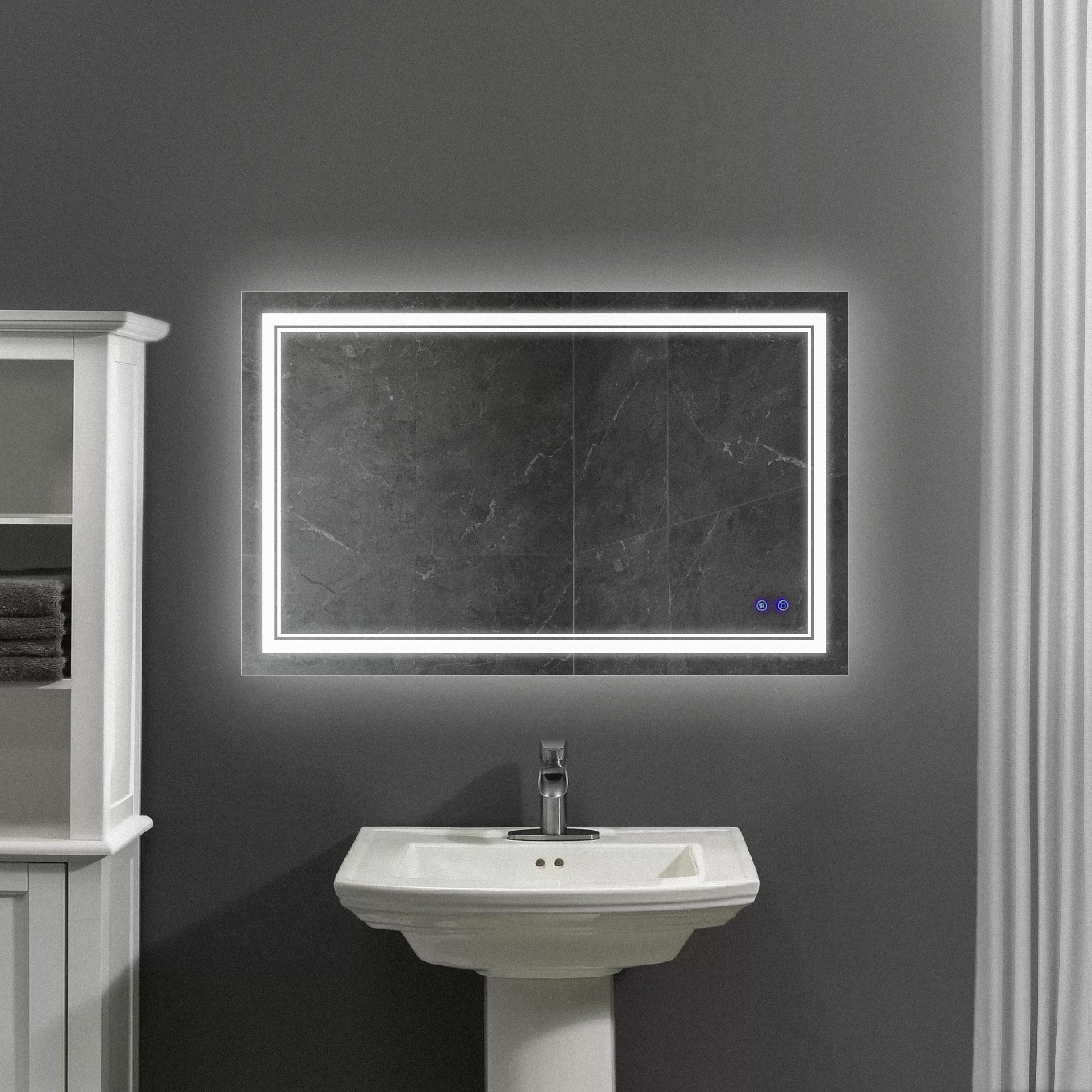 40 x 24 Inch Frameless LED Illuminated Bathroom Wall Mirror, Touch Button Defogger, Rectangular