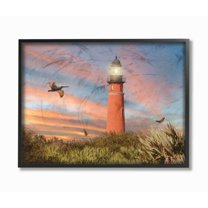 The Stupell Home Decor Collection Bright Red Ponce Inlet Lighthouse with Dense Grassy Dunes at Sunset Framed Giclee Texturized Art