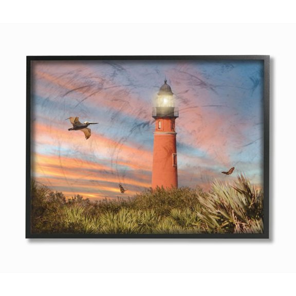 The Stupell Home Decor Collection Bright Red Ponce Inlet Lighthouse with Dense Grassy Dunes at Sunset Framed Giclee Texturized Art